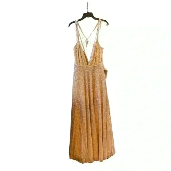 NWT Mac Duggal Size 10 Sleeveless Beaded Open Back Gown Nude Silver - Picture 5 of 14